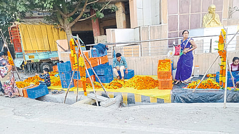 Marigold flowers for sale at Mosam Chowk here on the eve of Lakshmi Puja.