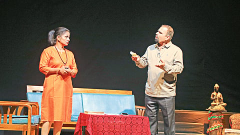 Artists of Sri Shiv Chhatrapati Sanskriti Kala and Krida Mandal CIDCO performing the play 'Ether' in the Maharashtra State Amateur Marathi State Drama Competition on Sunday.