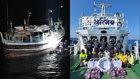 Pakistani Boat apprehended in Indian waters gujrat with 10 crew carrying arms ammunition Narcotics worth Rs 300 crores  