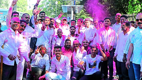 Sarpanch and members of Yashwantnagar Gram Panchayat cheering after the results of Gram Panchayat counting on Tuesday.