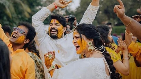 Hardeek Akshaya Wedding they dance in haldi ceremony photo 