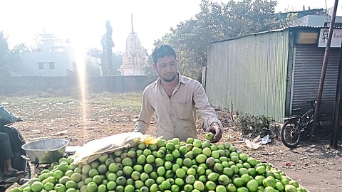 Afroz Sheikh selling apple borer near the fruit market.