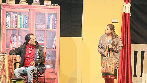 Actors performing scenes from the play 'Final Draft' at the drama festival organized by Kamgar Kalyan Mandal.