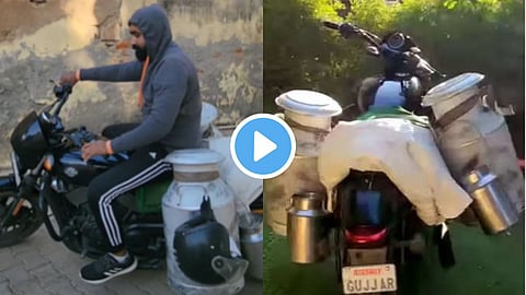 man selling milk on harley davidson bike watch viral video Boodhwala on harley davidson video  