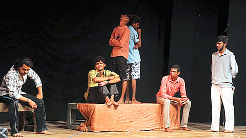 Actors presenting scenes from the play 'Asphotnam Bhokarwade:' in the Sanskrit State Drama Competition.