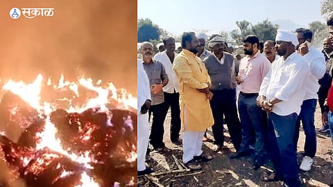 MLA Dilip Borse, Tehsildar Jitendra Ingle-Patil, Lalchand Sonwane etc. while discussing with the farmers at the place where the maize stack was set on fire by an unknown person.