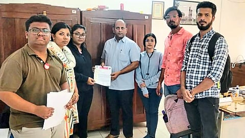 A delegation of 'AISF' while giving a statement demanding postponement of MA course examinations.