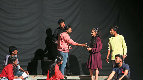 Actors from Jalgaon performing scenes from the play 'Jugaad' at the drama festival of the Labor Welfare Board.