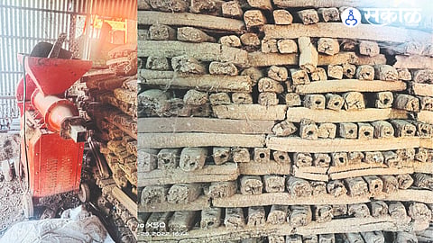 A machine for making wood from cow dung. In the second photo, wood made from animal dung