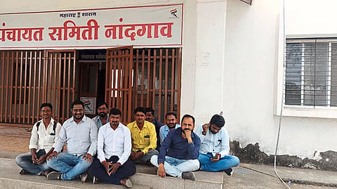 MGNREGA contract workers protesting in front of Panchayat Samiti office.