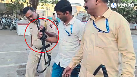 Police escorting a guard with an airgun.