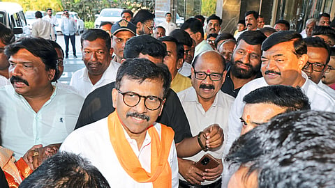 Women officials welcoming Shiv Sena MP Sanjay Raut on Tuesday.