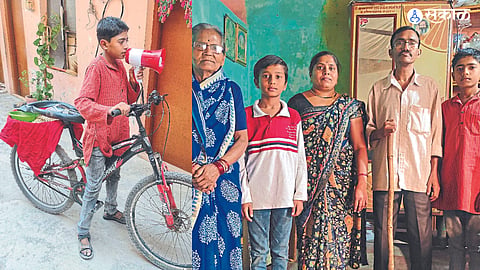  Samartha is making the sound 'Usal ghya Usal' from the Bhonga and in second photo Samarth (right) with father Ishwar, mother Anita, grandmother Pushpabai and younger brother Swami.
