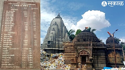 The ongoing work of rebuilding Sundar Narayan Temple. In the second photo, the board in the East Division office of the Municipal Corporation.