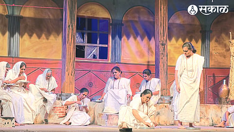 Actors performing scenes from Vrindavan drama in the finals of the State Drama Competition.