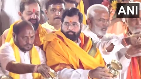 CM Eknath Shinde performs Maha Aarti at the banks of Sarayu River in Ayodhya Uttar Pradesh  