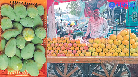 Mango from Karnataka. In the second photo, vendors selling mangoes in the market 