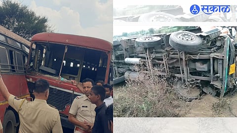 Triple accident involving 2 buses & container 