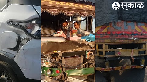A triple accident involving a private Aram bus, an Eicher truck and a car
