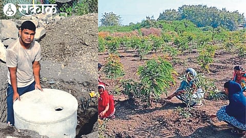 The work in progress of preparing the absorption pit and Orchard plantation work going on under employment guarantee scheme
