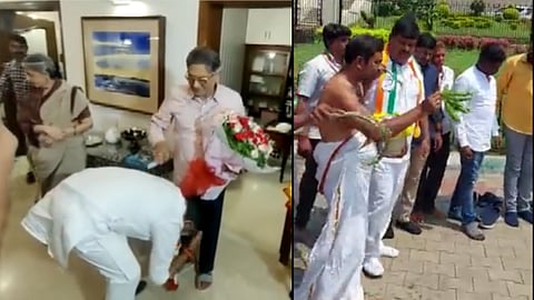Congress workers sprinkle cow urine to purify Karnataka Assembly before first session DK Shivakumar meets BJP SM Krishna 