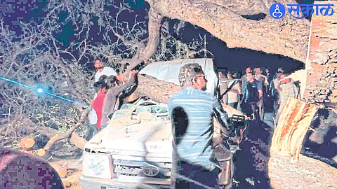 Workers and villagers removing tamarind trees that fell on a police vehicle near the Anjani project canal between Kasoda-Arandol.
