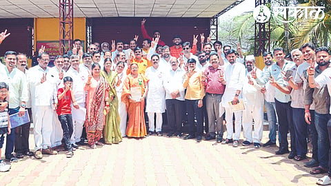 Newly elected Board of Directors of Nashik Road Devalali Traders Cooperative Bank celebrating on Monday after the co-operative panel regained power in the election of the Board of Directors.