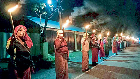 Women unite against manipur violence leaders await PM modi visit Human chain protest call for peace