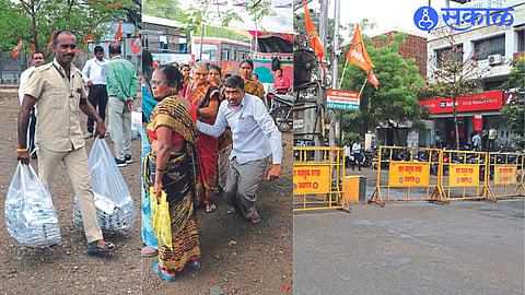 Staff carrying food packets and water bottles for citizens, A person with disabilities who came for the program and Court Chowk road closed with barricades.

