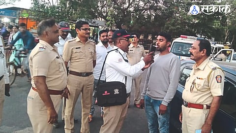 A team of traffic police during a special drive against drunken and helmetless two-wheeler drivers.