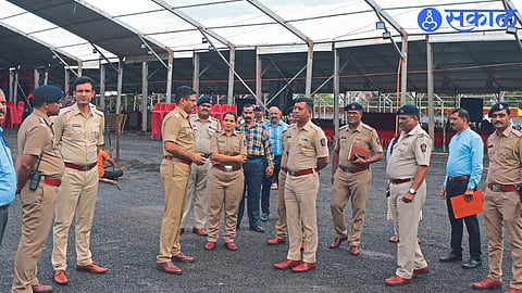 Deputy Commissioner of Police Prashant Bachhav, Deputy Commissioner Kiran Kumar Chavan, Deputy Commissioner Monika Raut, Assistant Commissioner Siddheshwar Dhumal while inspecting the venue of 'Shasan Apya Dari' event to be held at Dongre hostel ground on Saturday.
