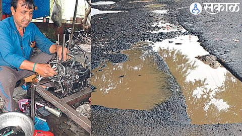 Mechanic repairing a damaged vehicle due to potholes on the road.
