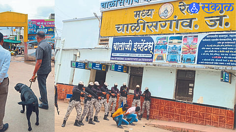 A police officer inspecting a railway platform with a dog team and terrorists captured by the rescue team.
