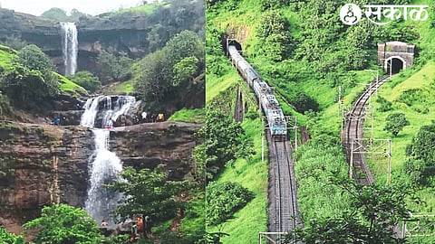 A green railway tunnel. The waterfalls flowing in the Bhavli dam area have charmed the travelers and the amateur tourists in the rainy season.