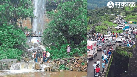 The gushing Randha Fall. Queues of vehicles in Bhandardara area.