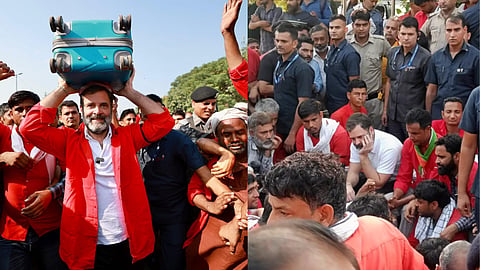 Rahul Gandhi wears porters coolie red uniform carries load at anand vihar railway station watch video  