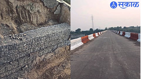 Work in progress of pitching of the bridge. In the second photo, the repaired road with a collapsed bridge. Large vehicles driving without permission in the last photo.