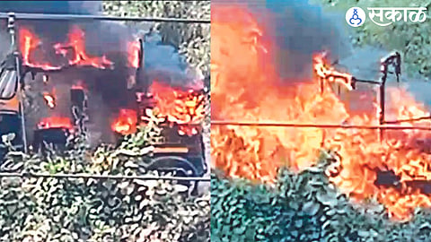 Flames rising after a running passenger rickshaw caught fire near the Pimprala railway flyover on Thursday.