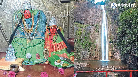 Temple idol in Shri Kshetra Manudevi temple in taluka and Attractive waterfall in the temple area