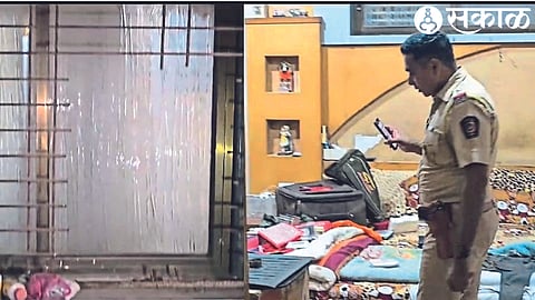 The police during the inspection of the belongings stolen by the thieves at Ishwar Tatia's house.  the broken window grill.