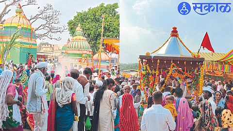 Devotees queuing for darshan of Shri Kanhayalal Maharaj. In the second photograph, the crowd of devotees gathered in the Yatrotsav area. The palanquin procession of Shri Kanhayalal Maharaj.
