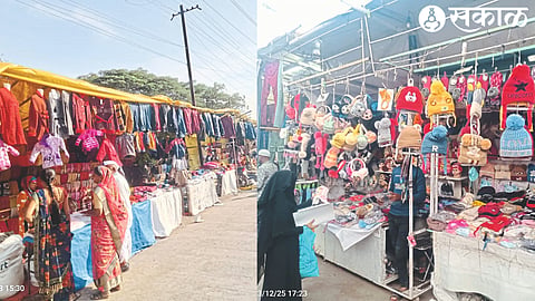 Fancy hat shops lined up on Kidwai Road in Malegaon. In the second photo, warm clothes shops near the mill bridge.