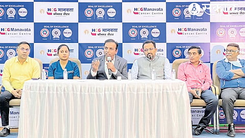 While giving information about the record robotic surgeries done at HCG Humanity Cancer Center, Dr. Raj Nagarkar.
