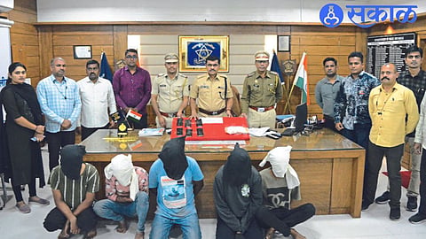 District Superintendent of Police Shrikant Dhiware, Police Inspector Dhananjay Patil and other police officers and staff while giving information in a press conference after the arrest of the accused under the Information Technology Act.