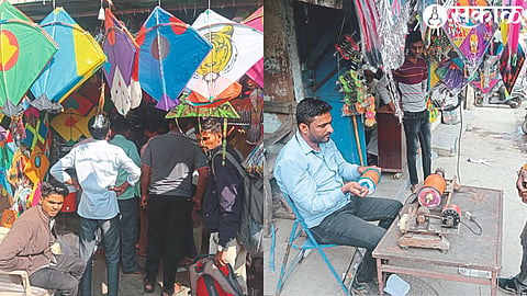 Crowd at the shop to buy kites. In the second photo, a customer is getting manja filled in a spinning wheel by a vendor.