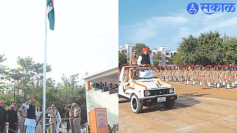 Guardian Minister Anil Patil during main flag hoisting ceremony on Republic Day in second photo Anila Patil receiving salute from police team 