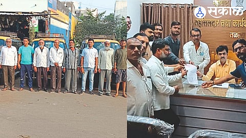 Taxi drivers protesting the law by stopping taxis 
Giving a statement to Tehsildar Girish Wakhare in the second photograph