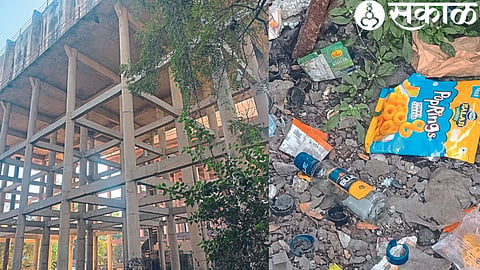 Garbage and liquor bottle lying in water tank premises. In the second photograph, GPO Jalakumbh.