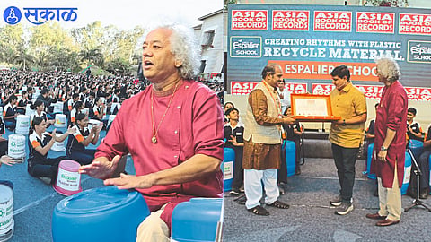 Pandit Taufiq Qureshi with plastic band ensemble of students performing at Espalier School. In second photograph, a world record of a musical activity is recorded