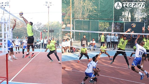 A tense moment between the Directorate of Training and the team of Nagupar City in the ongoing men's volleyball match at the Maharashtra Police Academy ground.